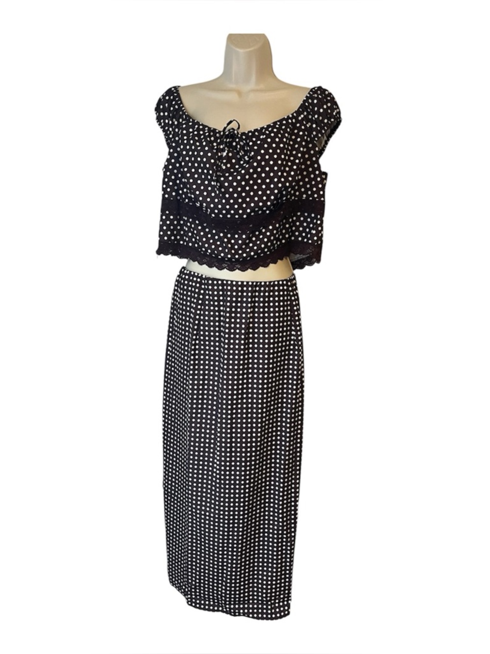 Plus Size 2XL Chocolate Brown Polka Dot Crop Top Skirt 2 Pieces Set Shein